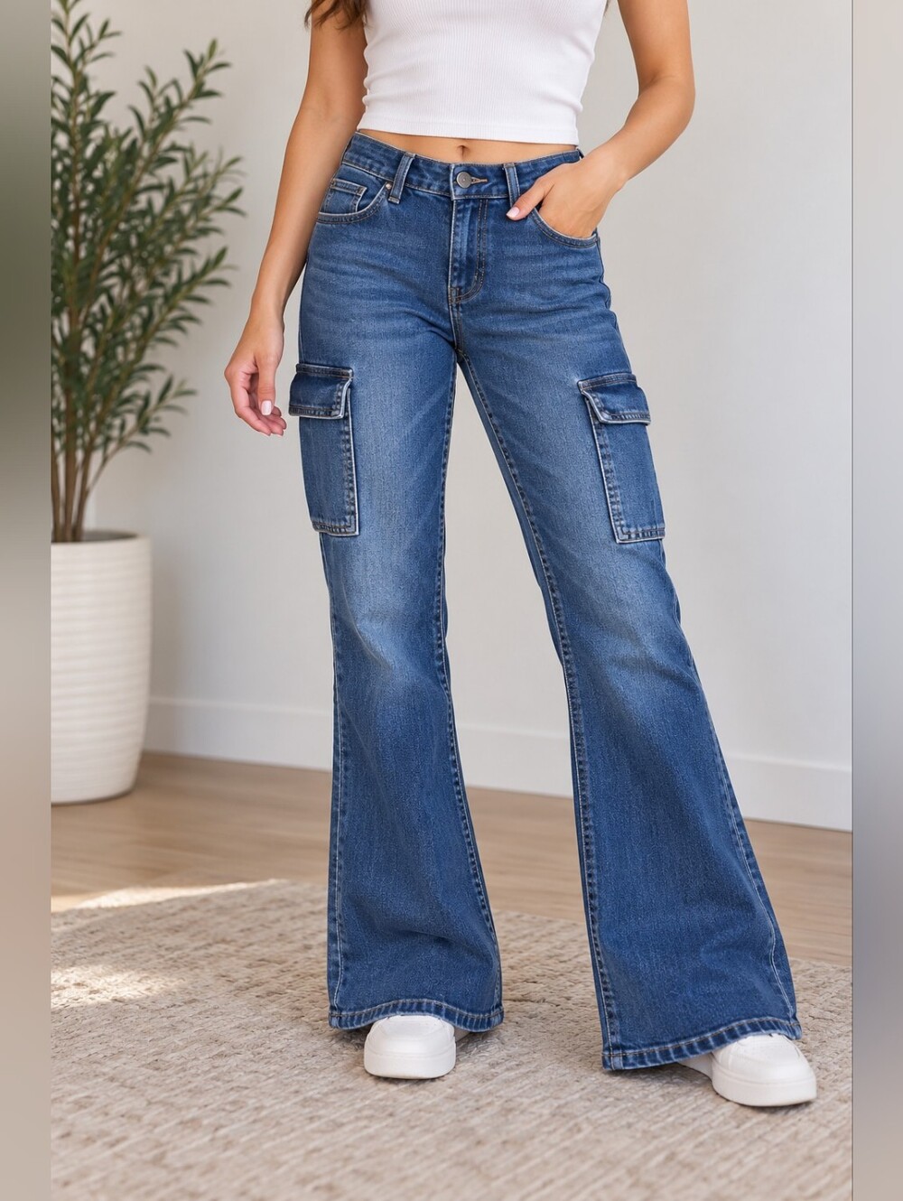 LVGN Denim Cargo Flare Jeans Side Pockets Y2K Blue Size 5/28